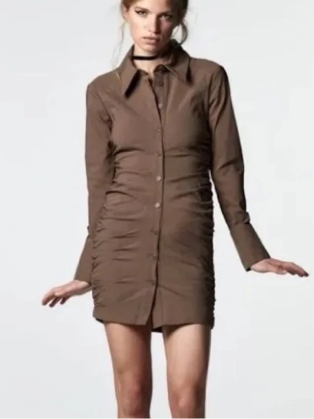 ZARA BROWN COLLARED BUTTON UP RUCHED SHIRT DRESS